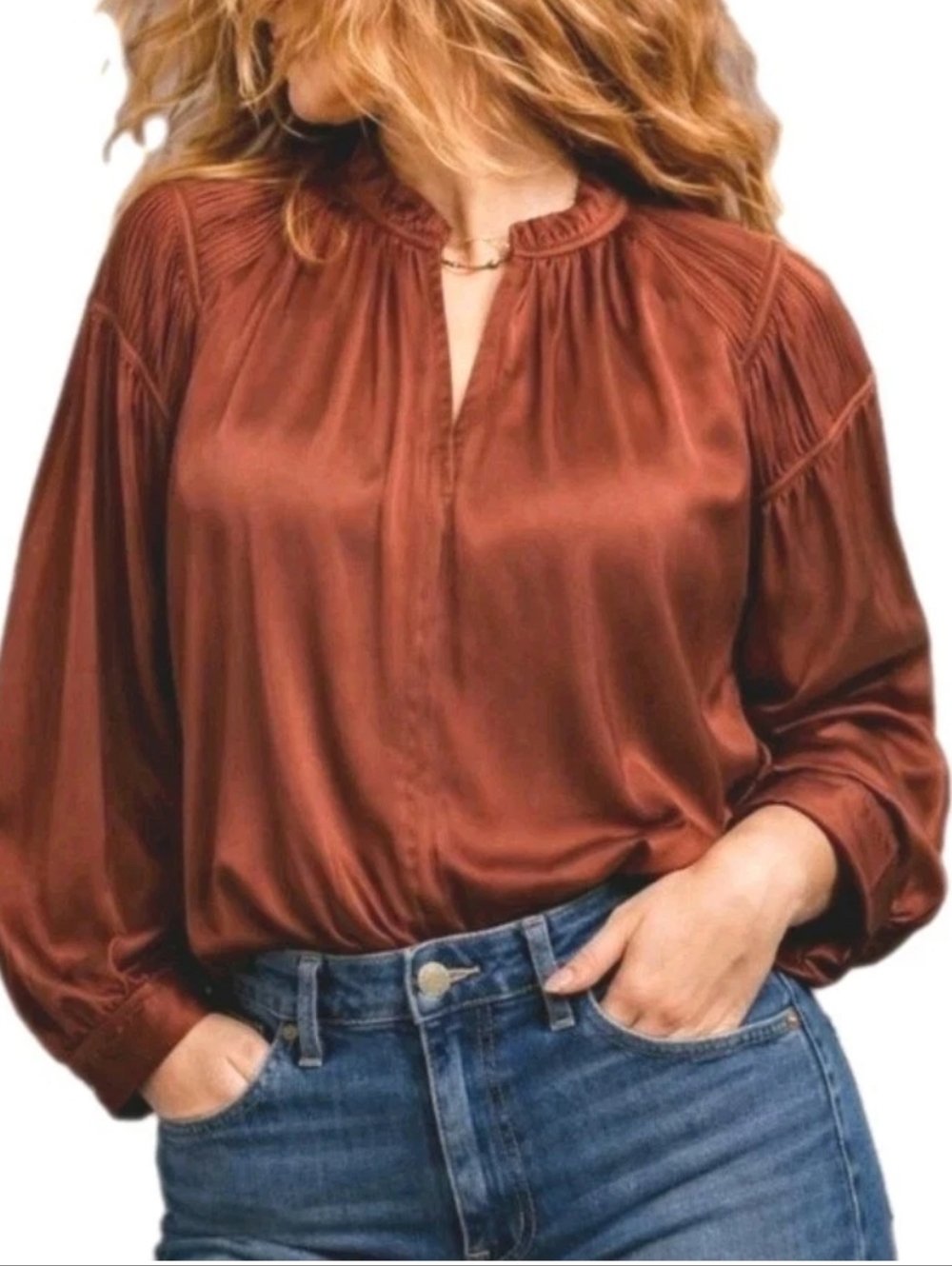 RACHEL ZOE Smocked Shirred Ruffle Pleat Peasant Top NWOT